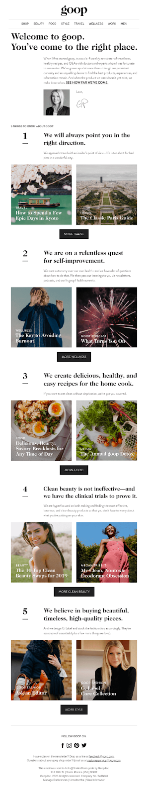 Health & wellness email examples from goop.